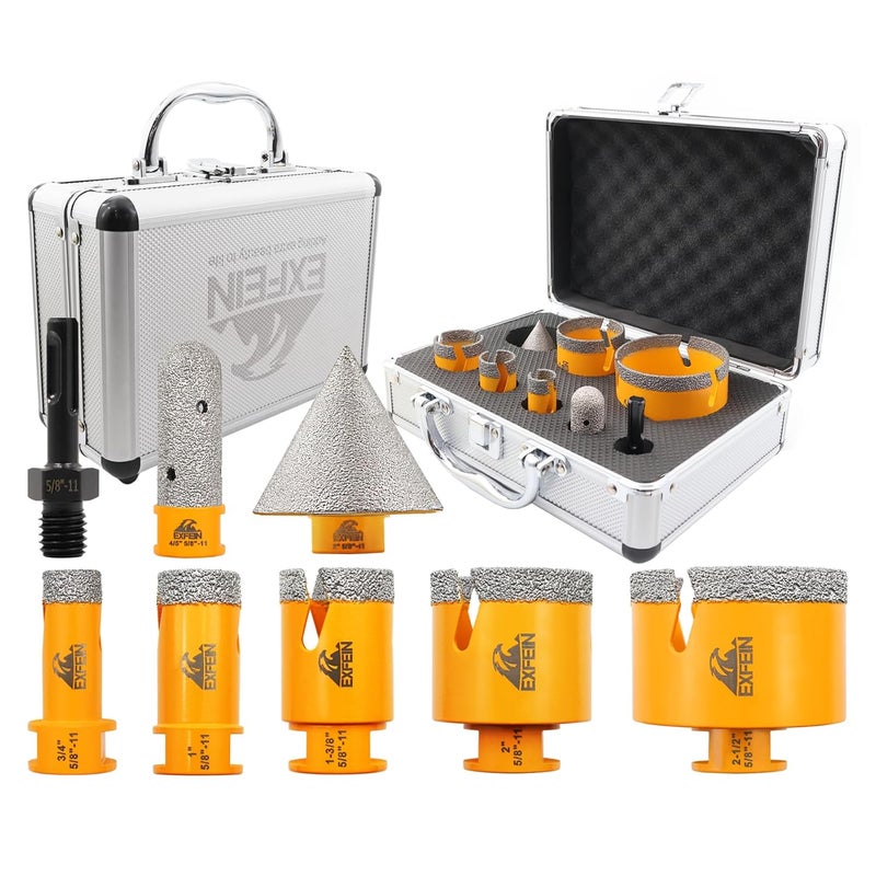 EXFEIN Tile Hole Saw Kit 8pcs - Diamond Core Drill Bits Set (19/25/35/50/75mm) & SDS Adapter for Tile Porcelain Ceramic Marble Granite with 20mm Diamond Finger Bit and 50mm Chamfer Bit Trimming Holes - Image 1